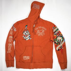 Vintage Ed Hardy All Over Print Embroidered Zip Up Hoodie - XL